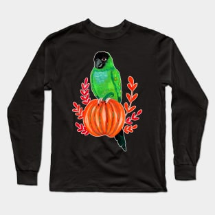 Cute Halloween Nanday Conure Parrot on Autumn Pumpkin Long Sleeve T-Shirt